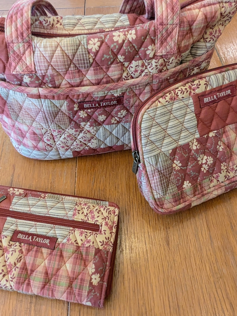 Bella Taylor 3 Piece Quilted Patchwork Handbag Wallet Cosmetic Bag Set